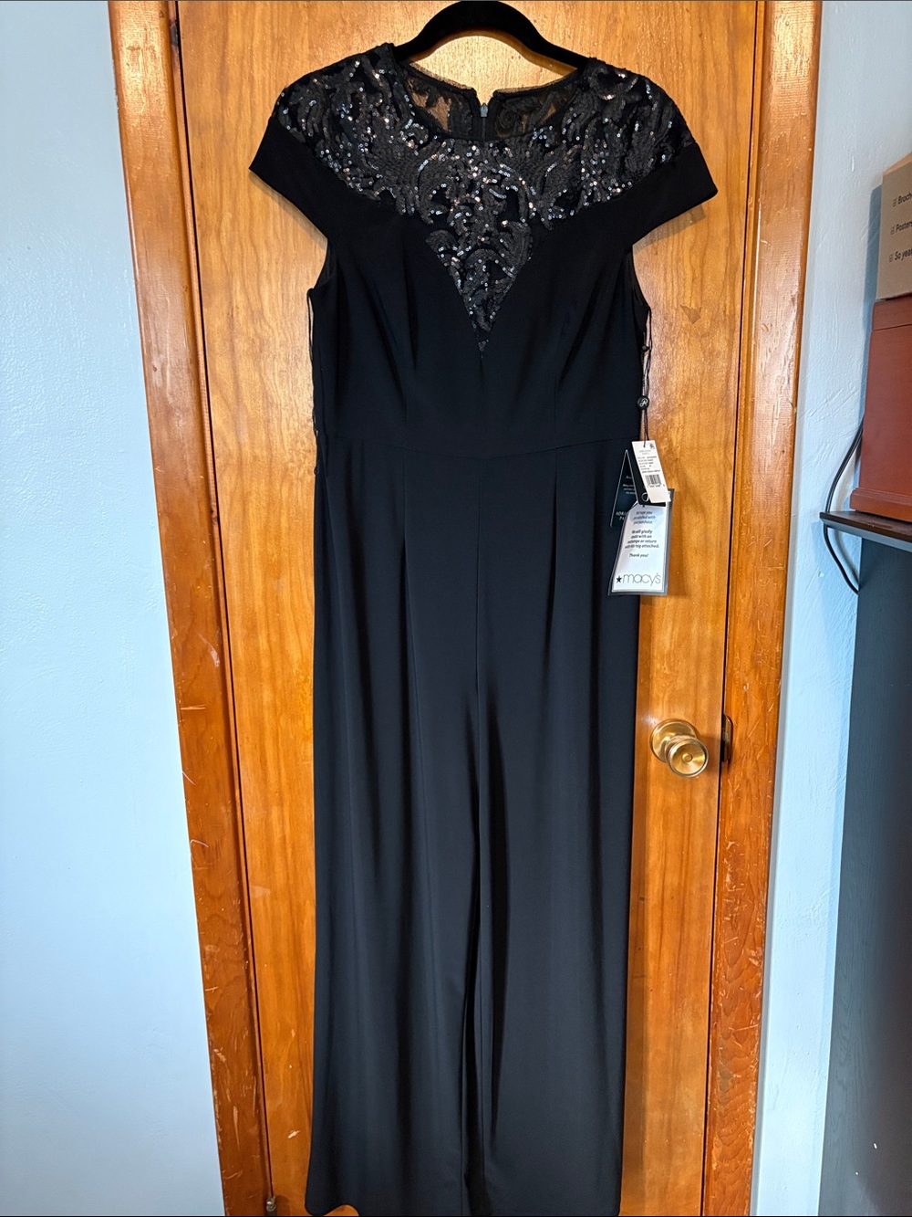 NWT - Adrianna Papell Black Jumpsuit with Sequined Lace Yoke - Size 8P